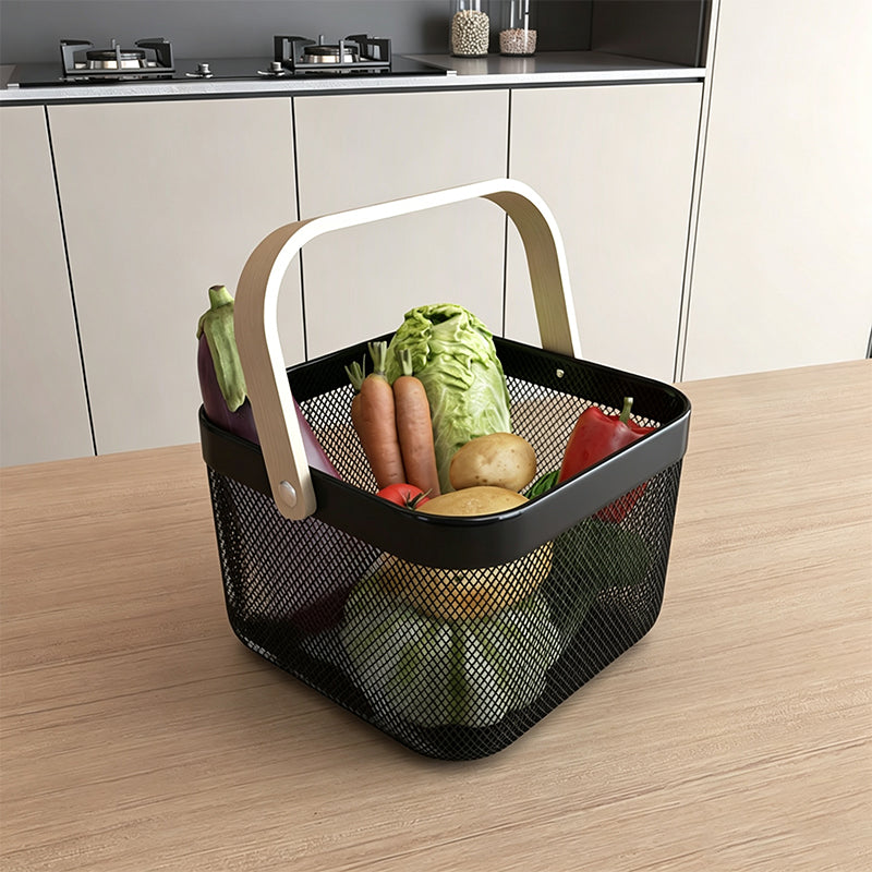 Metal Storage Basket with Wooden Handle