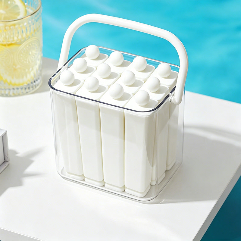 Silicone Ice Stick Tray with Individual Covered Molds & Storage Bucket with Handle