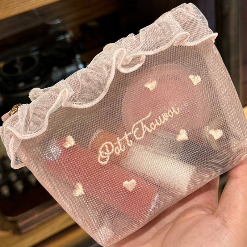 Cute Embroidered Mesh Makeup Bag – Lightweight & Large Capacity