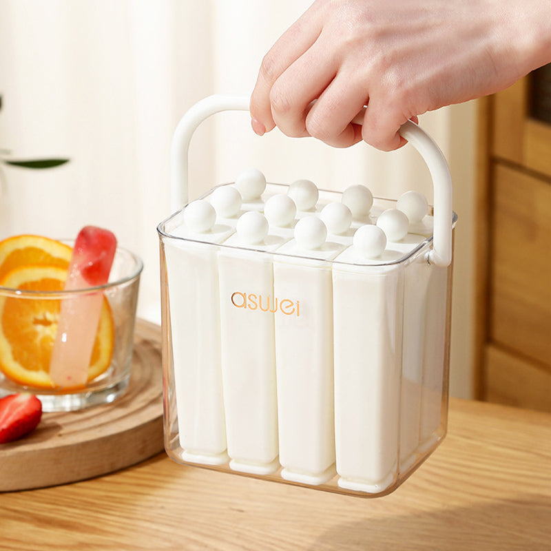 Silicone Ice Stick Tray with Individual Covered Molds & Storage Bucket with Handle