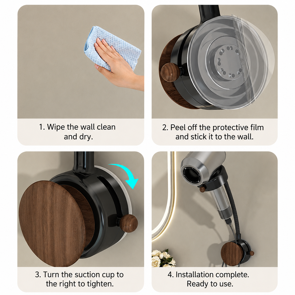 No-Drill Dual Suction Cup Hair Dryer Holder with Cord Organizer