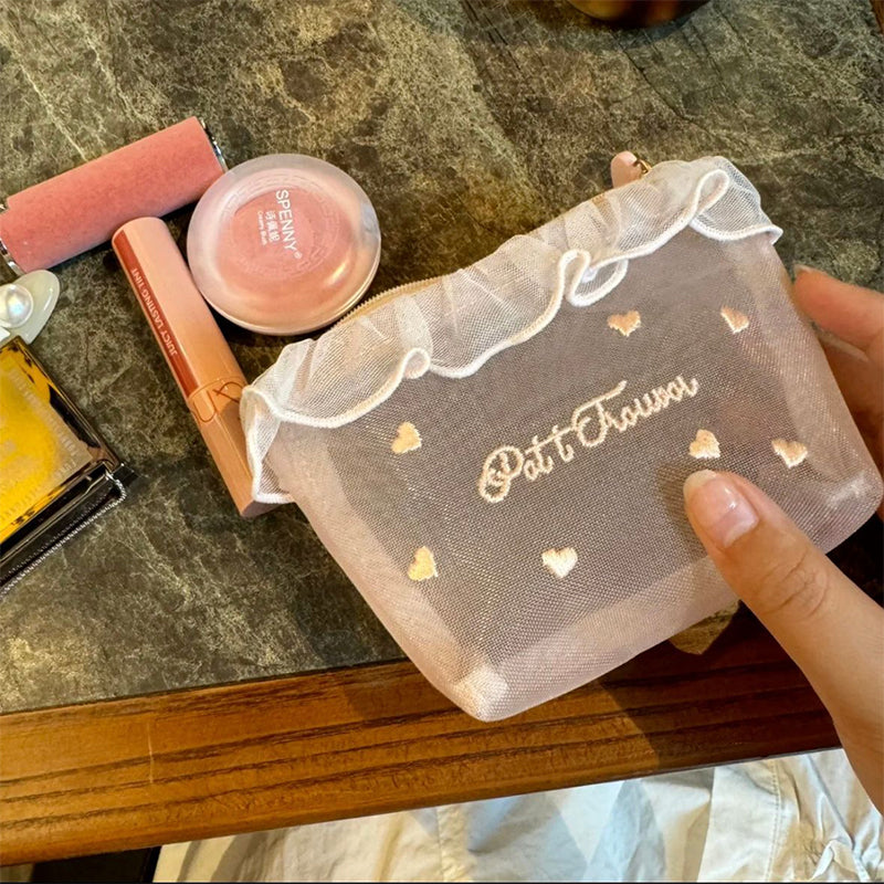 Cute Embroidered Mesh Makeup Bag – Lightweight & Large Capacity