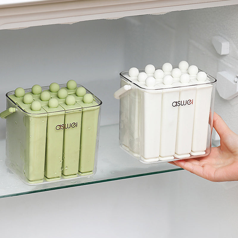 Silicone Ice Stick Tray with Individual Covered Molds & Storage Bucket with Handle