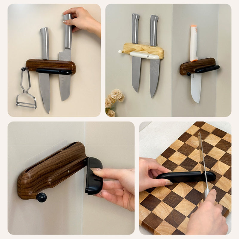 No-Drill Wall-Mounted Knife Holder with Magnetic Sharpener
