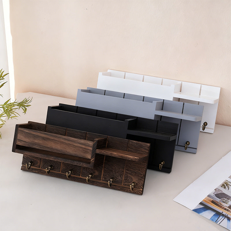Wooden Wall-Mounted Key Holder with Mail Organizer Tray