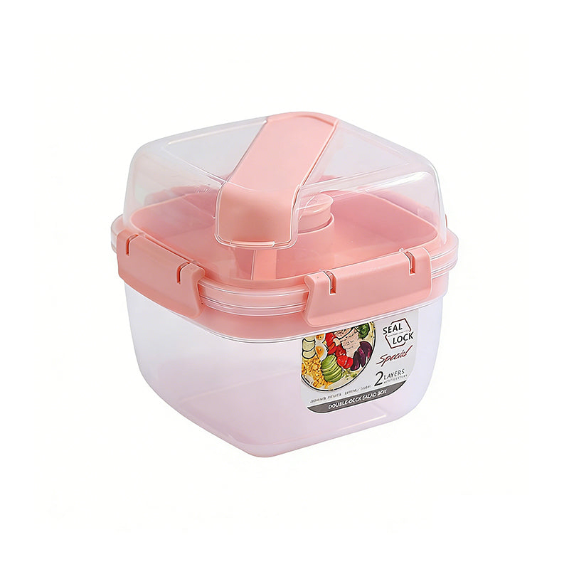 Portable Double-Layer Salad Box with Sauce Cup – Microwave Safe