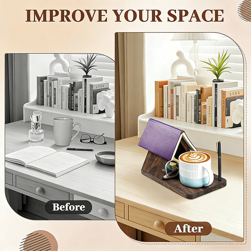 Triangle Wooden Book Stand with Cup & Pen Slots