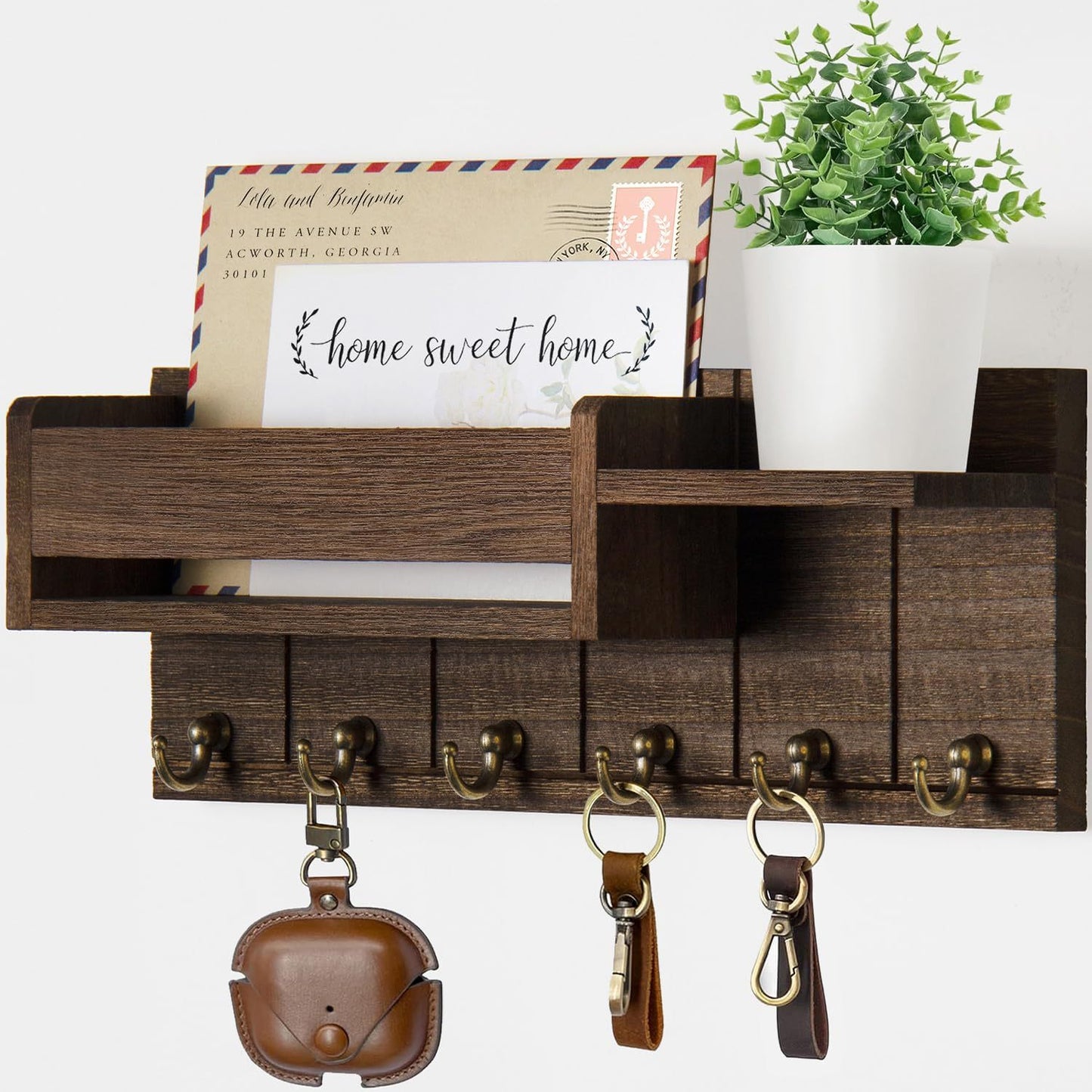 Wooden Wall-Mounted Key Holder with Mail Organizer Tray