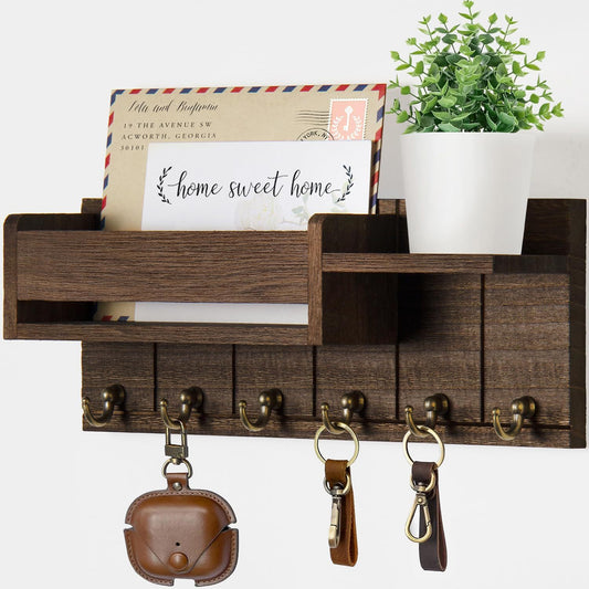 Wooden Wall-Mounted Key Holder with Mail Organizer Tray