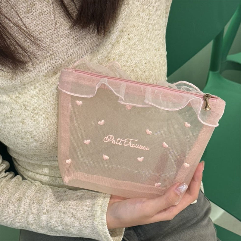 Cute Embroidered Mesh Makeup Bag – Lightweight & Large Capacity