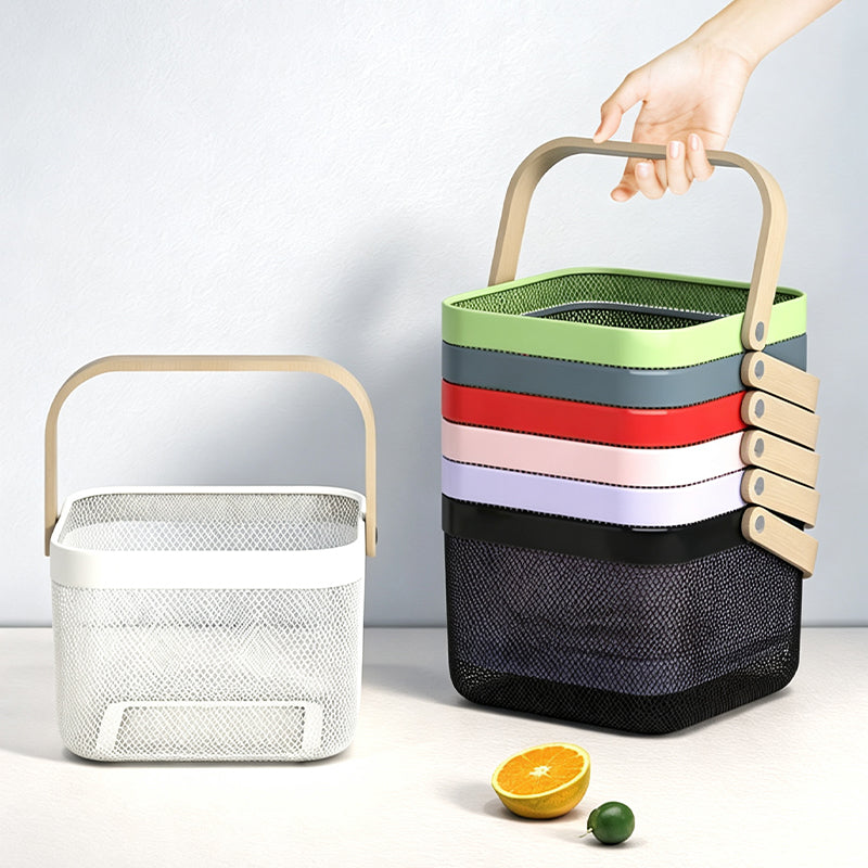Metal Storage Basket with Wooden Handle