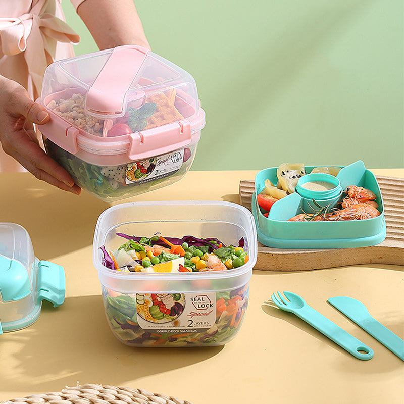 Portable Double-Layer Salad Box with Sauce Cup – Microwave Safe