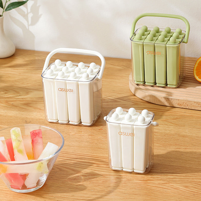 Silicone Ice Stick Tray with Individual Covered Molds & Storage Bucket with Handle