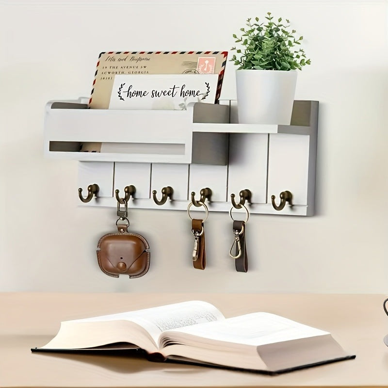Wooden Wall-Mounted Key Holder with Mail Organizer Tray