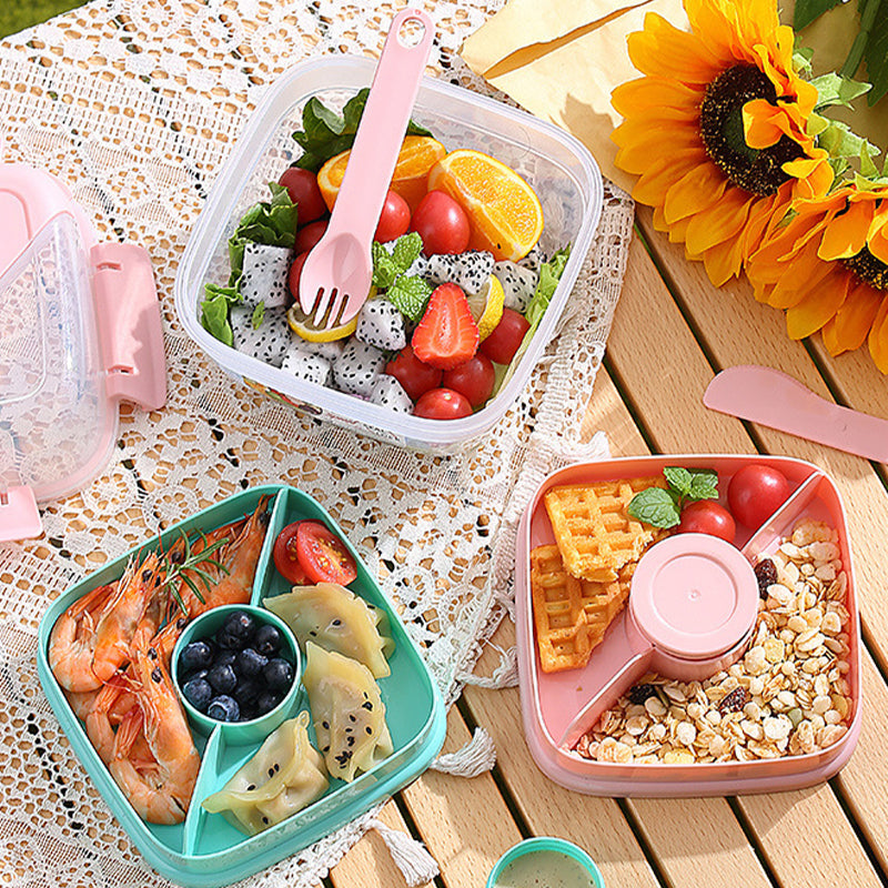 Portable Double-Layer Salad Box with Sauce Cup – Microwave Safe
