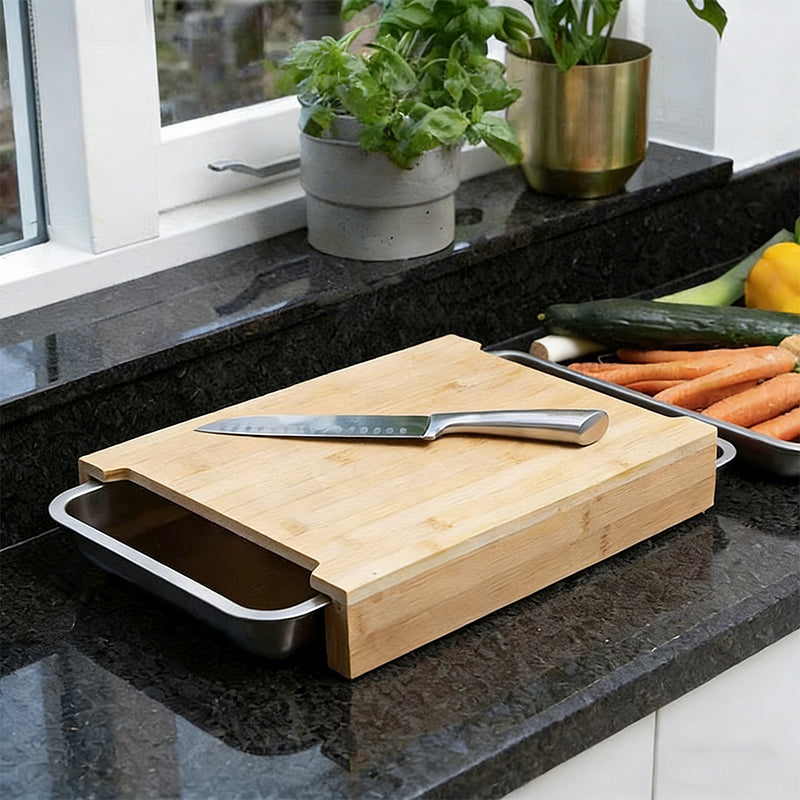 Bamboo Cutting Board with Built-In Pull-Out Tray