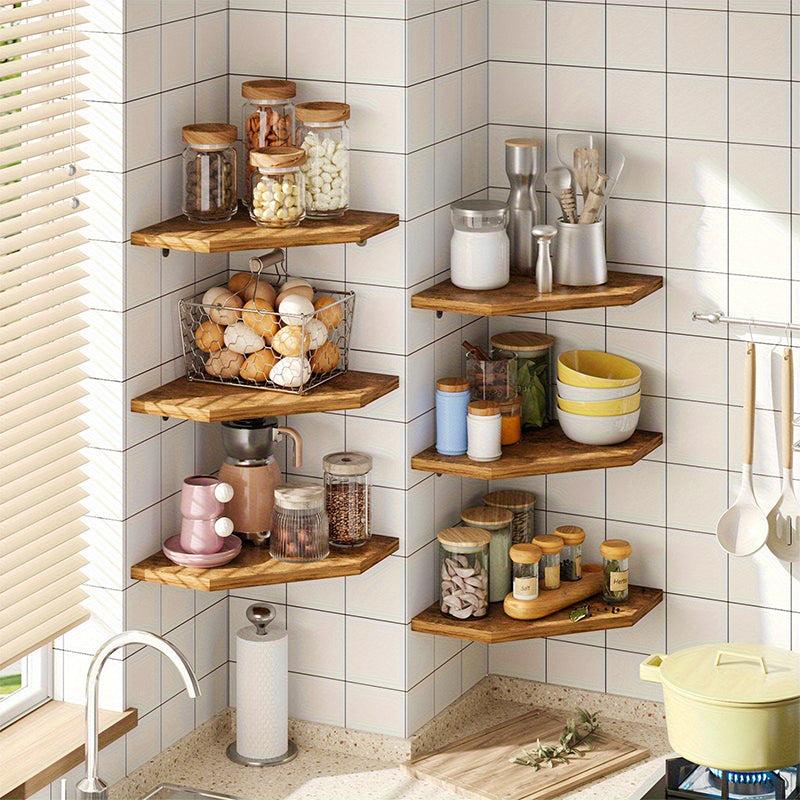 Wood Corner Wall Shelf Fan Shaped Storage Rack