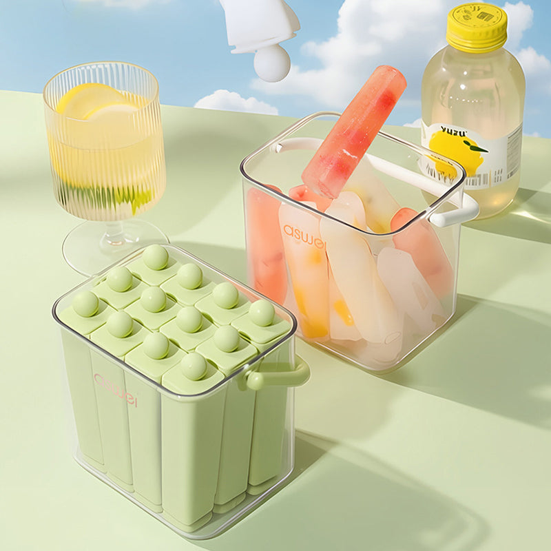 Silicone Ice Stick Tray with Individual Covered Molds & Storage Bucket with Handle