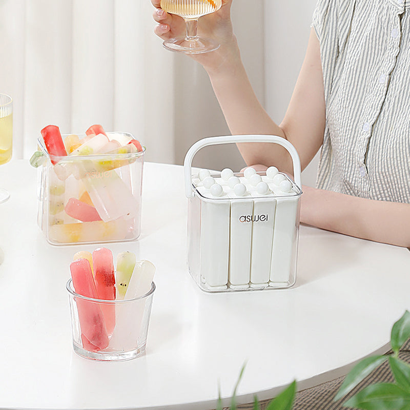 Silicone Ice Stick Tray with Individual Covered Molds & Storage Bucket with Handle