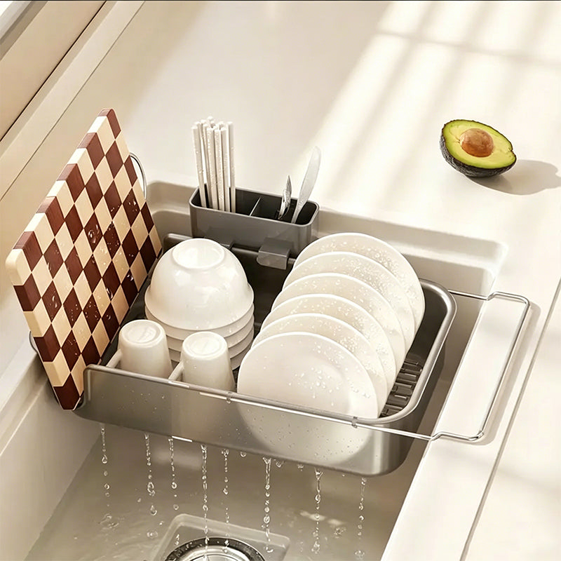 Large Capacity Expandable Over Sink Dish Drying Rack with Utensil Holder