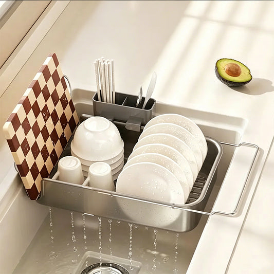 Large Capacity Expandable Over Sink Dish Drying Rack with Utensil Holder