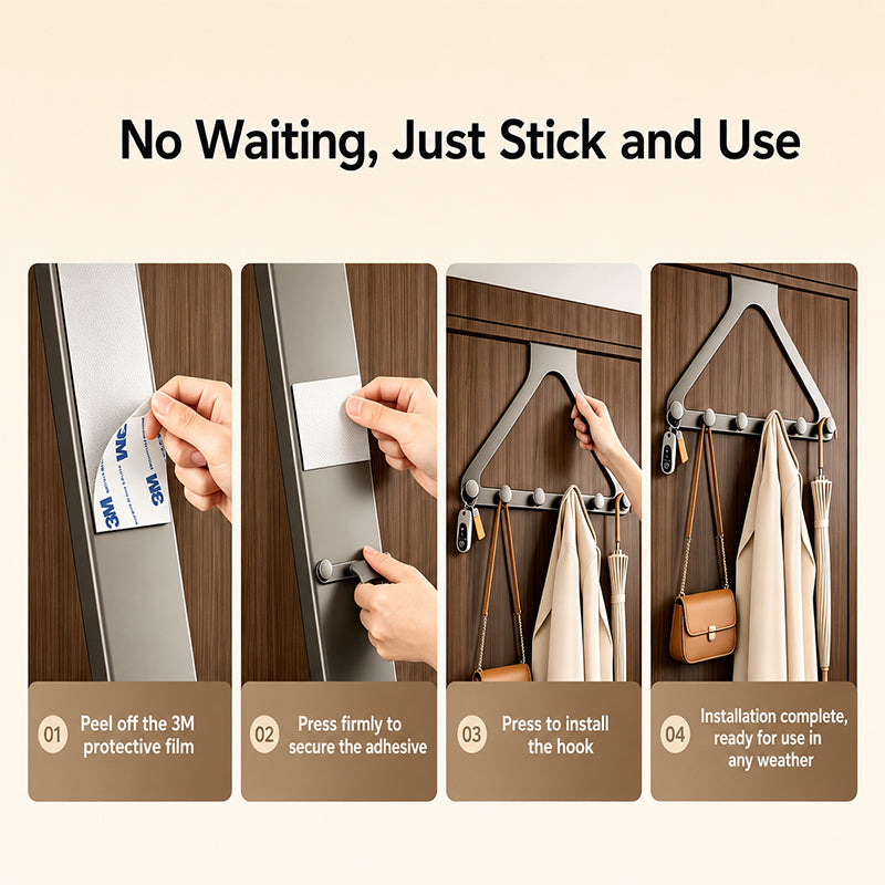 No-Drill Carbon Steel Over-the-Door Hook Rack