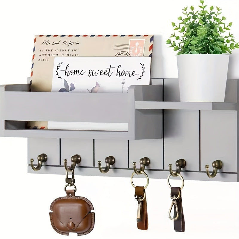 Wooden Wall-Mounted Key Holder with Mail Organizer Tray
