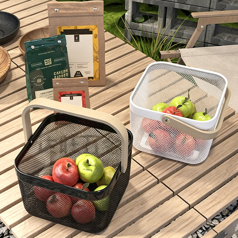 Metal Storage Basket with Wooden Handle