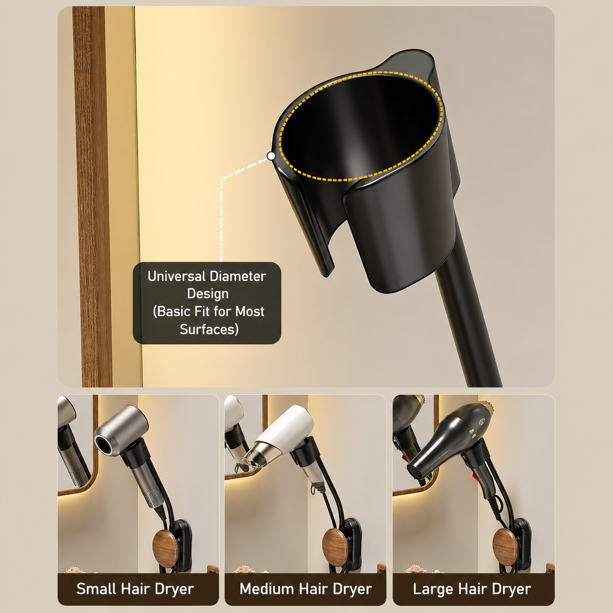 No-Drill Dual Suction Cup Hair Dryer Holder with Cord Organizer