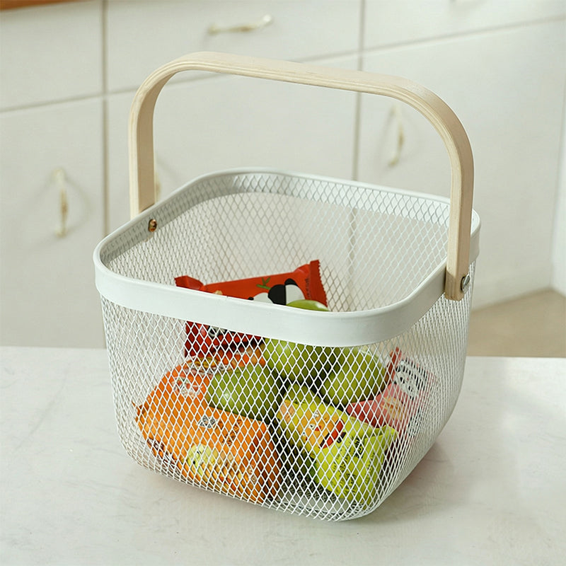 Metal Storage Basket with Wooden Handle