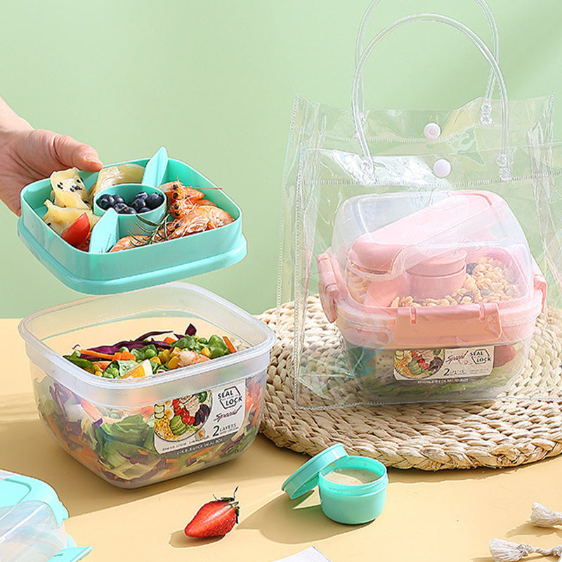 Portable Double-Layer Salad Box with Sauce Cup – Microwave Safe