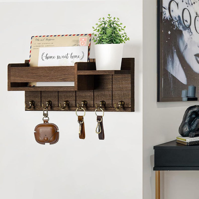 Wooden Wall-Mounted Key Holder with Mail Organizer Tray