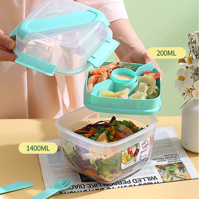 Portable Double-Layer Salad Box with Sauce Cup – Microwave Safe
