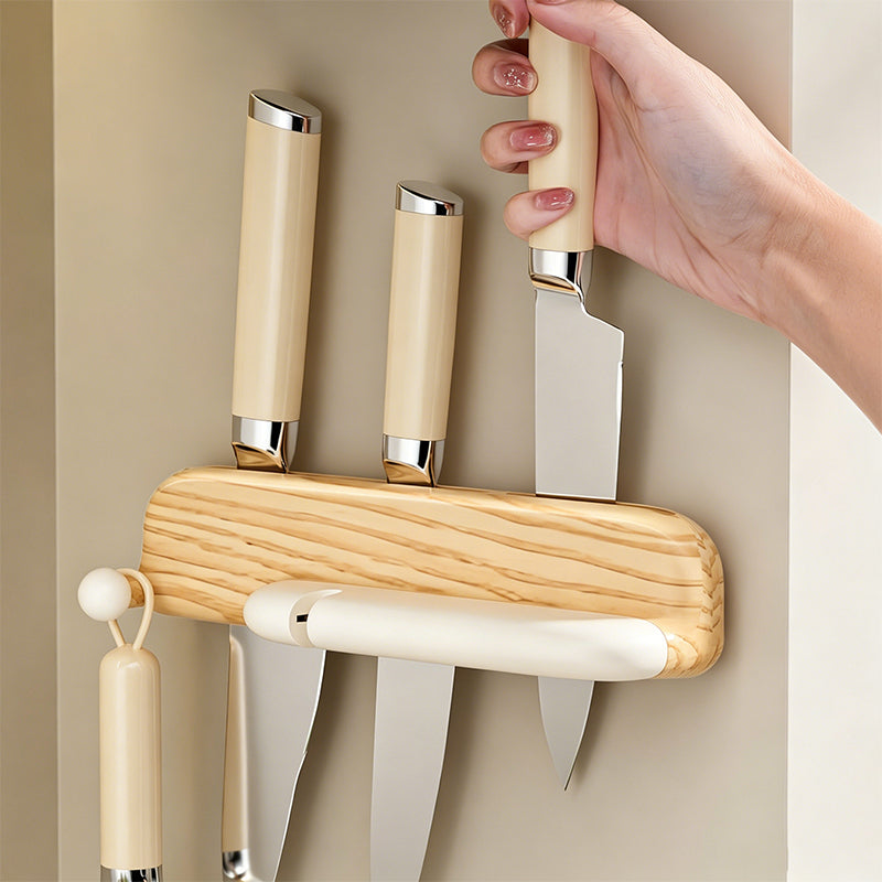 No-Drill Wall-Mounted Knife Holder with Magnetic Sharpener