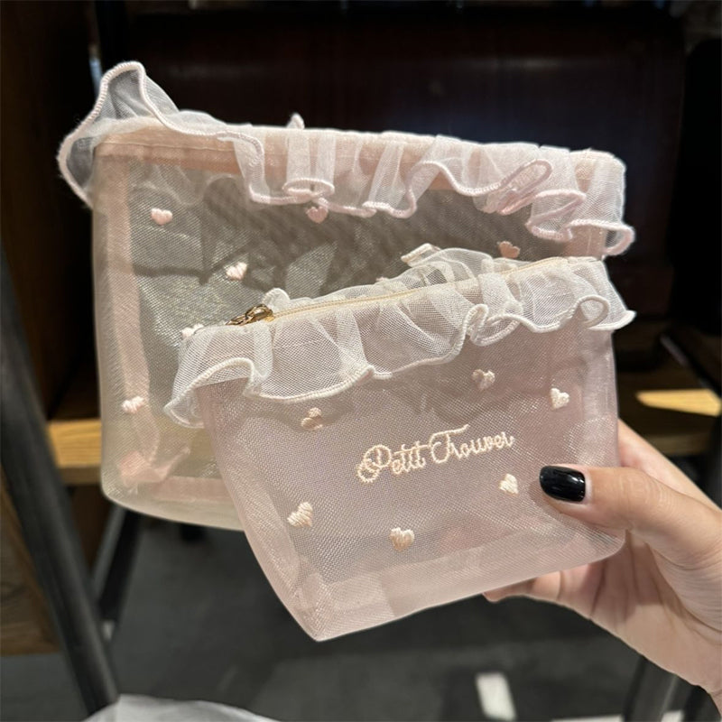 Cute Embroidered Mesh Makeup Bag – Lightweight & Large Capacity