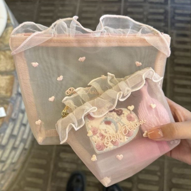 Cute Embroidered Mesh Makeup Bag – Lightweight & Large Capacity