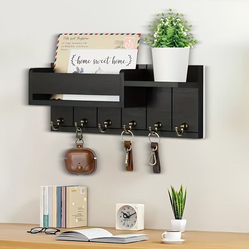 Wooden Wall-Mounted Key Holder with Mail Organizer Tray