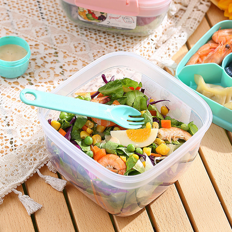 Portable Double-Layer Salad Box with Sauce Cup – Microwave Safe