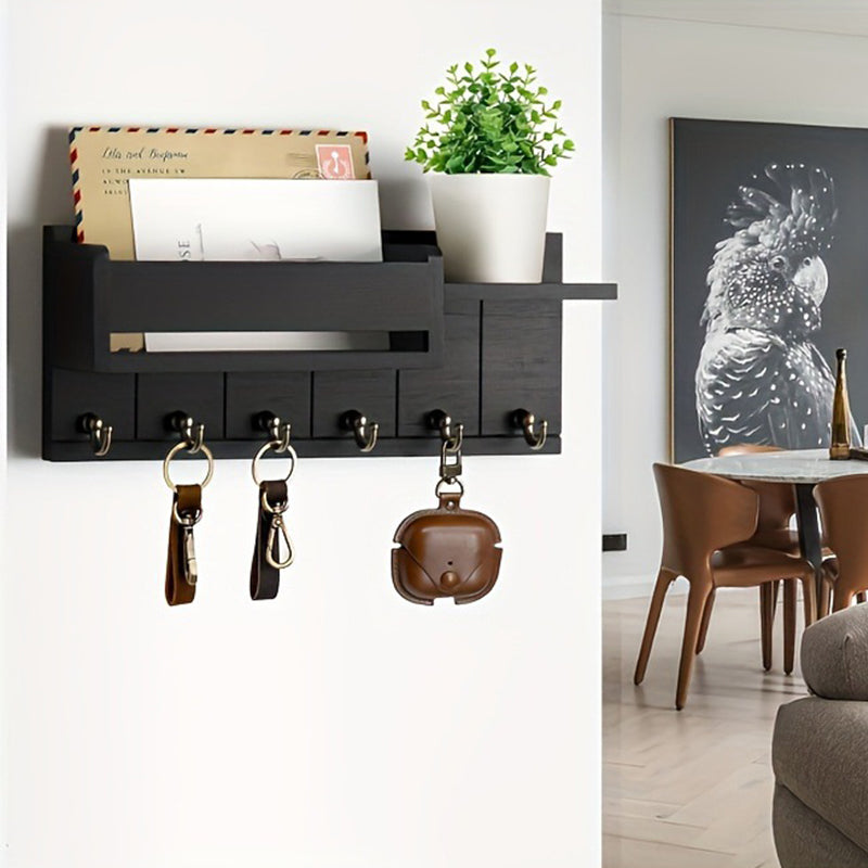 Wooden Wall-Mounted Key Holder with Mail Organizer Tray