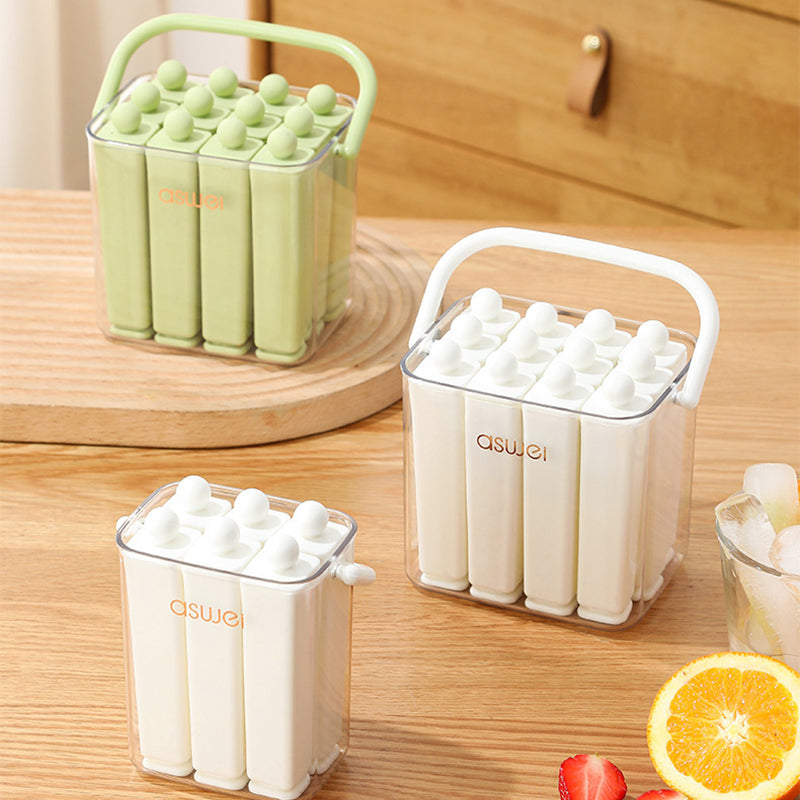 Silicone Ice Stick Tray with Individual Covered Molds & Storage Bucket with Handle