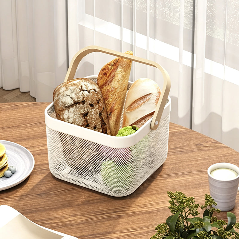 Metal Storage Basket with Wooden Handle