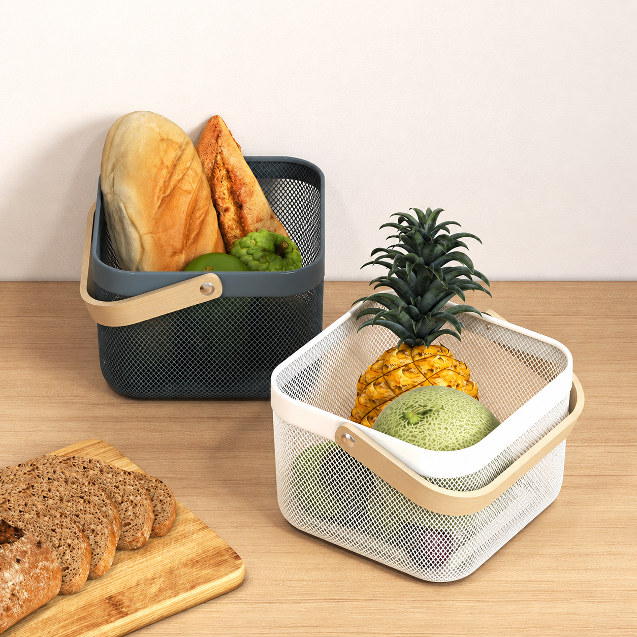 Metal Storage Basket with Wooden Handle