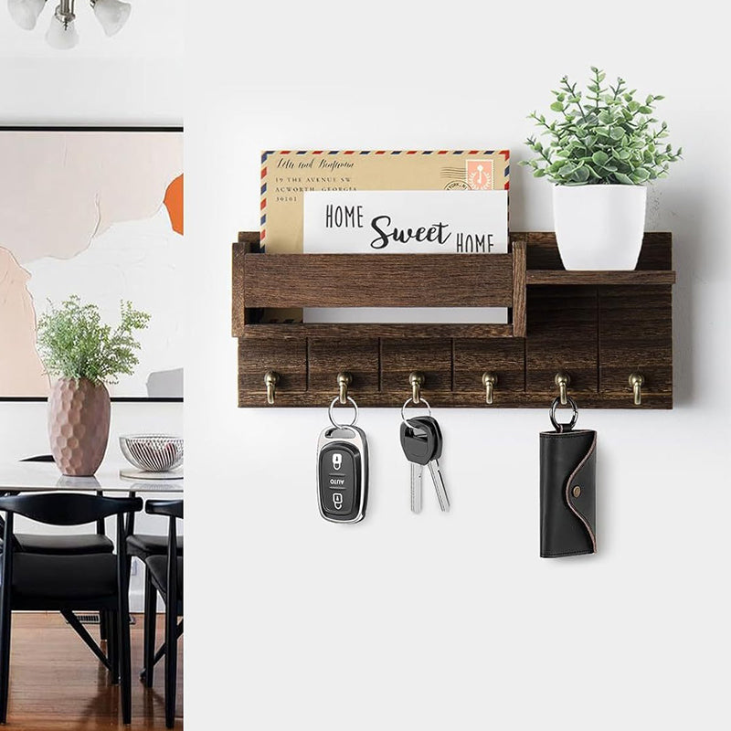 Wooden Wall-Mounted Key Holder with Mail Organizer Tray