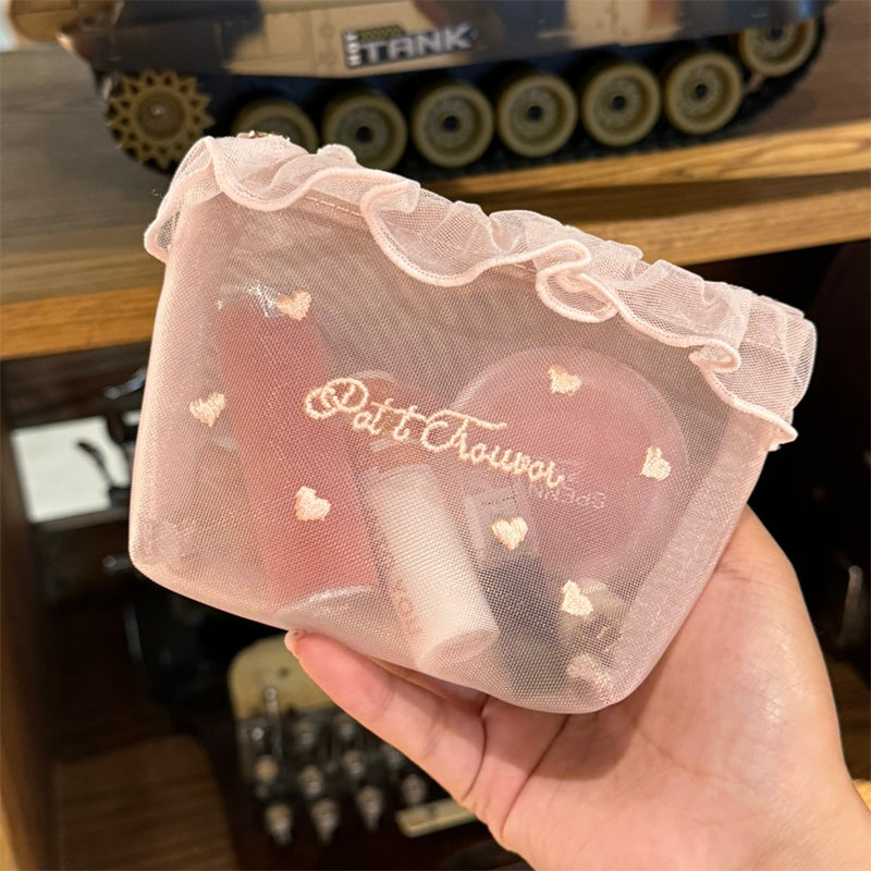 Cute Embroidered Mesh Makeup Bag – Lightweight & Large Capacity