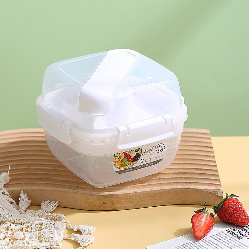 Portable Double-Layer Salad Box with Sauce Cup – Microwave Safe
