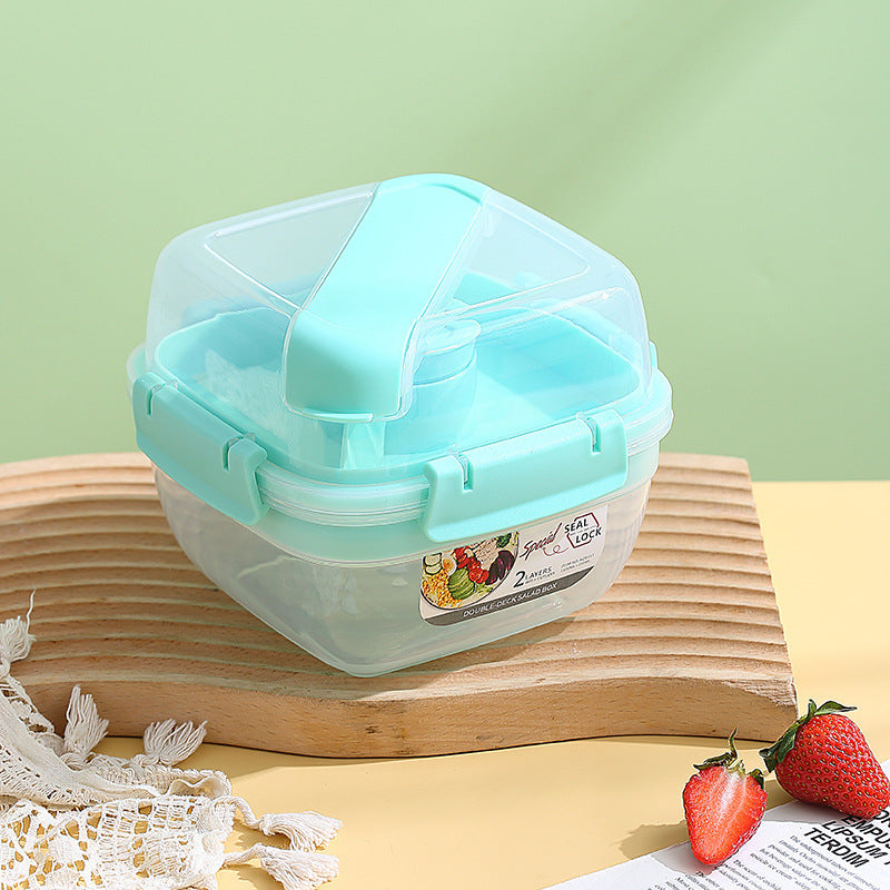 Portable Double-Layer Salad Box with Sauce Cup – Microwave Safe