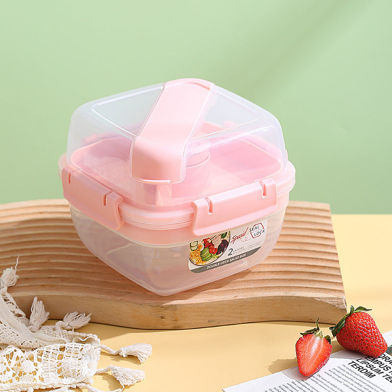Portable Double-Layer Salad Box with Sauce Cup – Microwave Safe