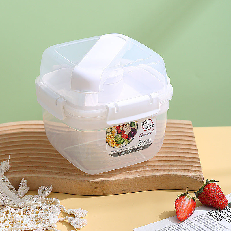 Portable Double-Layer Salad Box with Sauce Cup – Microwave Safe