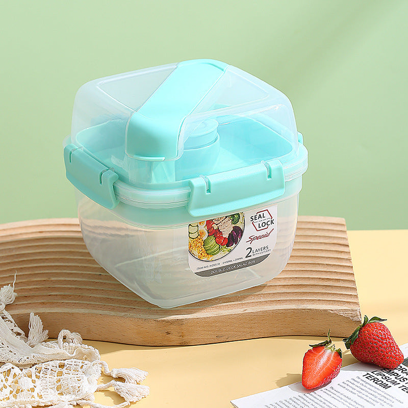 Portable Double-Layer Salad Box with Sauce Cup – Microwave Safe