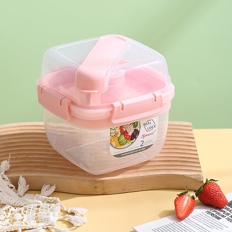 Portable Double-Layer Salad Box with Sauce Cup – Microwave Safe